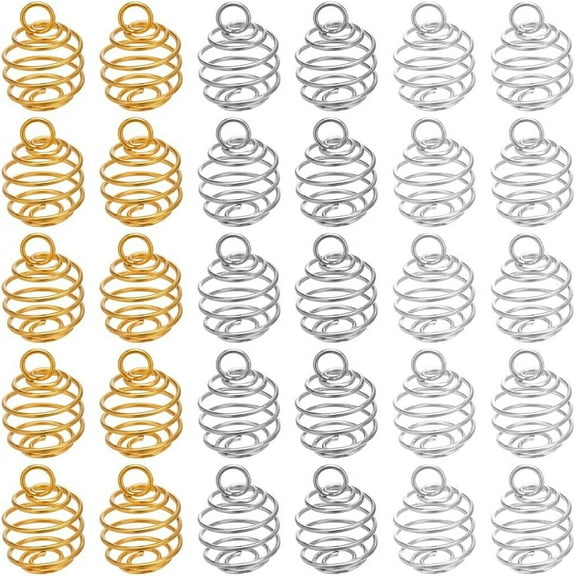 108Pcs 3 Colors Spiral Bead Cage Charms Pendants Hollow Spring Ball Charms Gold Silver Round with Hole Stainless