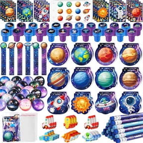 108Pcs Outer Space Themed Party Favors Space Alien Sticker Stampers School Stationery Set Bulk Classroom Prizes for Astronaut Planet Birthday Party Goodie Bags Fillers
