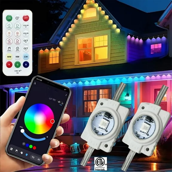108ft Smart RGB + White APP control Bluetooth Light Strip, 72 LEDs party decoration, Permanent Outdoor Eave Christmas light