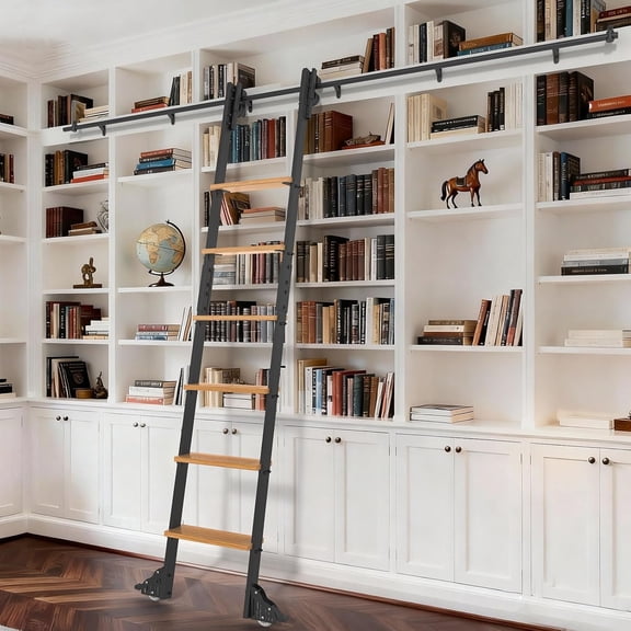 108inch Carbon Steel Ladder with Oak Steps, Includes 4ft Telescoping Top Rollers & Bottom Brake Wheels Sliding Hardware, Rolling Library Ladder for Loft, Attic, Bookshelf
