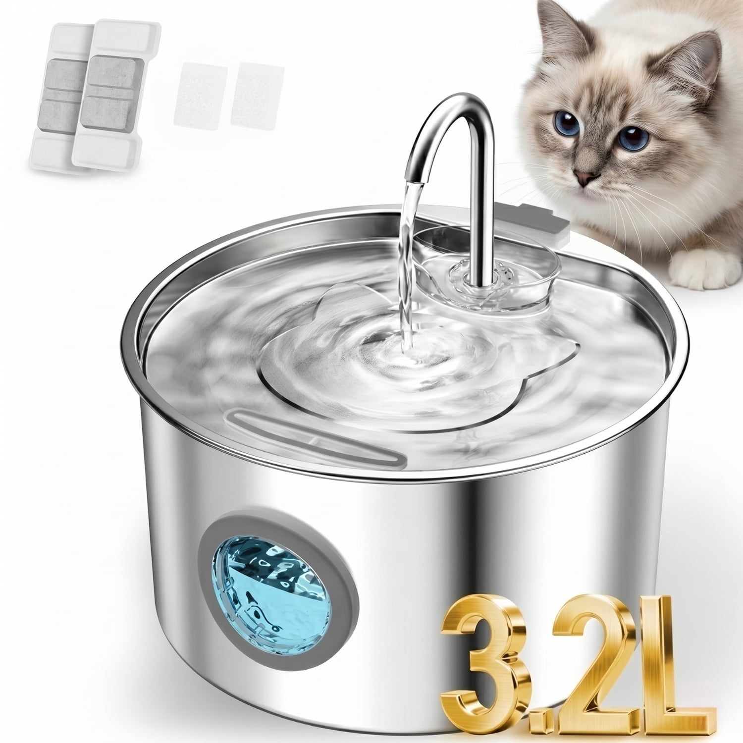 WAAYEE 108oz/3.2L Large Stainless Steel Pet Water Fountain, Ultra-Quiet Automatic Circulating Drinking Dispenser for Indoor Cats & Dogs