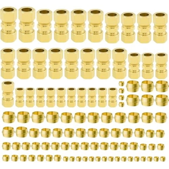 108pcs Brass Compression Tube Pipe Fittings Assortment Kit, 1/8" 3/16" 1/4" 3/8" 5/16" 1/2" OD Compression Union Connector & Compression Sleeves Ferrules$$Plumbing & HVAC