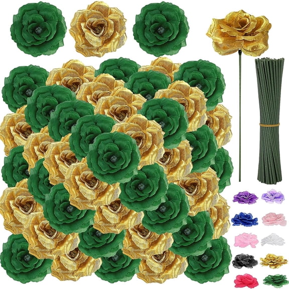 108pcs Roses Head Flowers with Stem - Emerald Green Gold Artificial Flowers Rose Bulk - Silk Rose Fake Flower for Wedding Bouquet Decor DIY Baby Shower Centerpieces St Patrick's Day Decoration