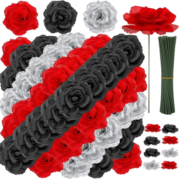108pcs Roses Head Flowers with Stem - Red & Black Silver Graduation Artificial Flowers Rose Bulk - Silk Rose Fake Flower for Wedding Bouquet Decor DIY Baby Shower Centerpieces Grad Party Tables Decor