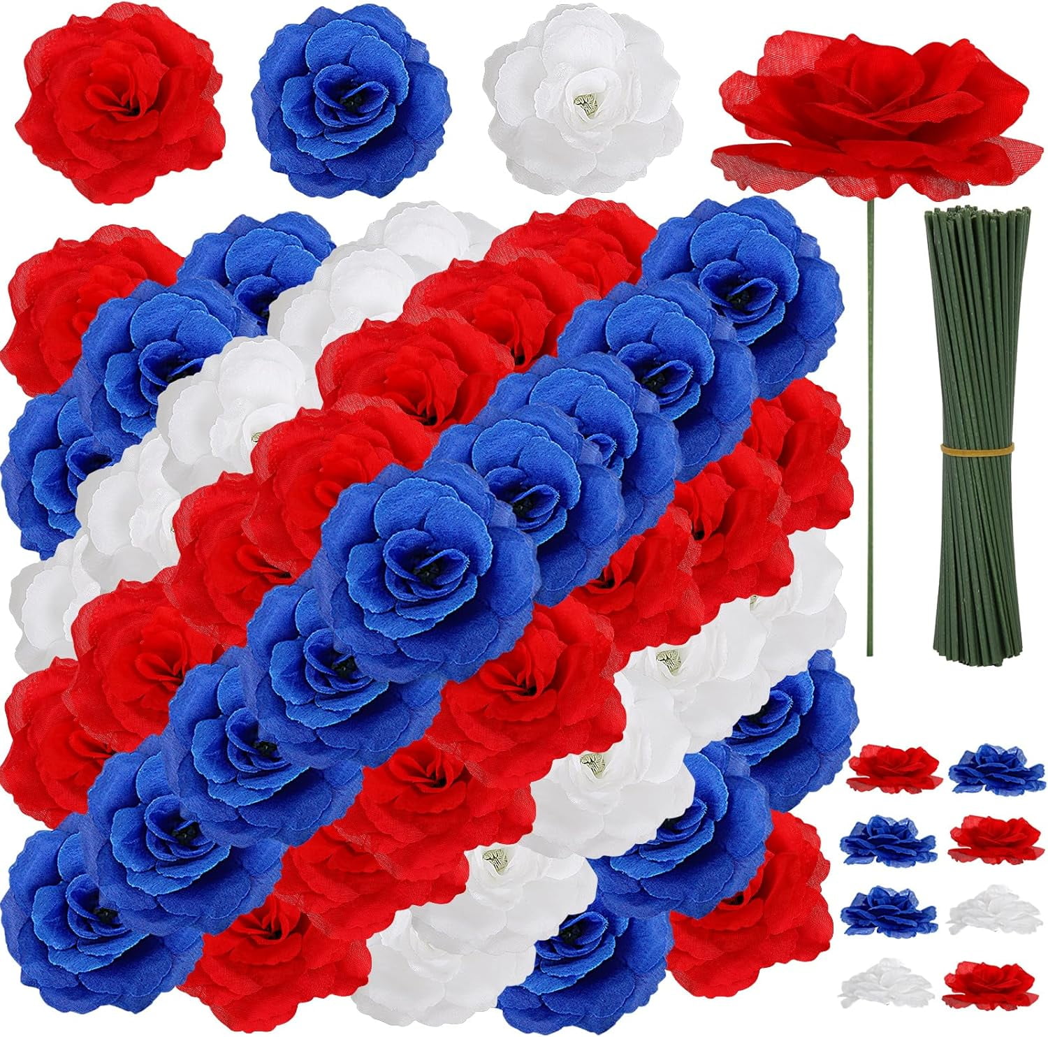 108pcs Roses Head Flowers with Stem - Red Blue White Artificial Flowers Rose Bulk - Silk Rose Fake Flower Arrangement for Patriotic Memorial Bouquet Grave Centerpieces 4th of July Veterans Party Deco