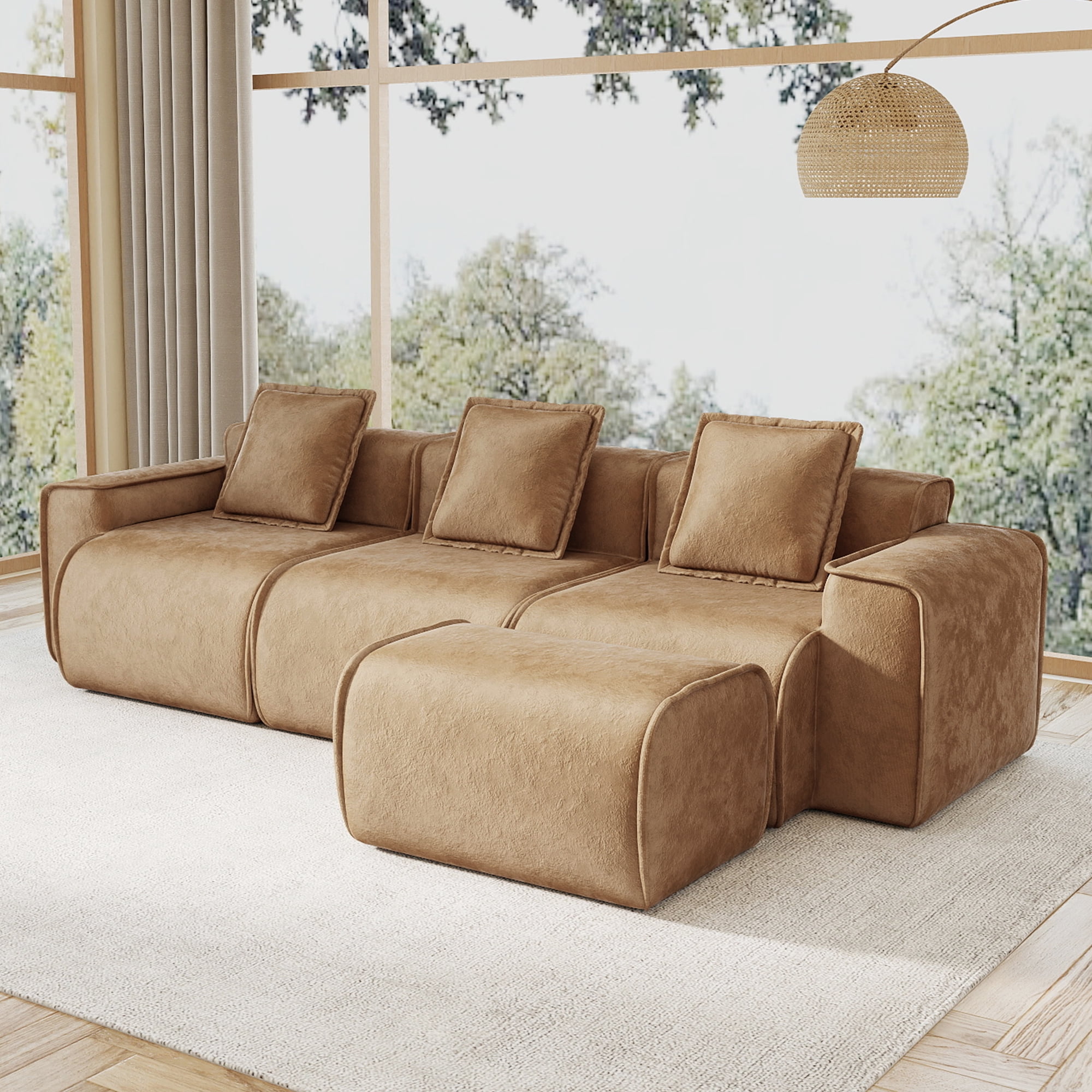 109" 3-Seat Modular U-Shaped Sectional Sofa, Brown Velvet with 1 Movable Ottomans & Throw Pillows, No Assembly Required