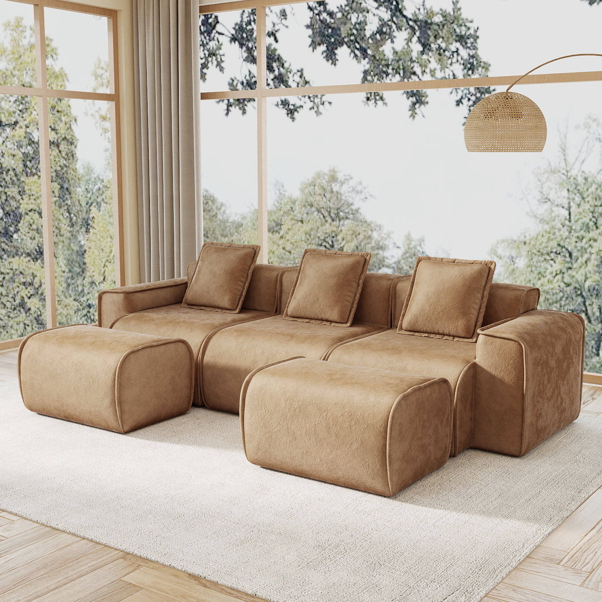 109" 3-Seat Modular U-Shaped Sectional Sofa, Brown Velvet with 2 Movable Ottomans & Throw Pillows, No Assembly Required