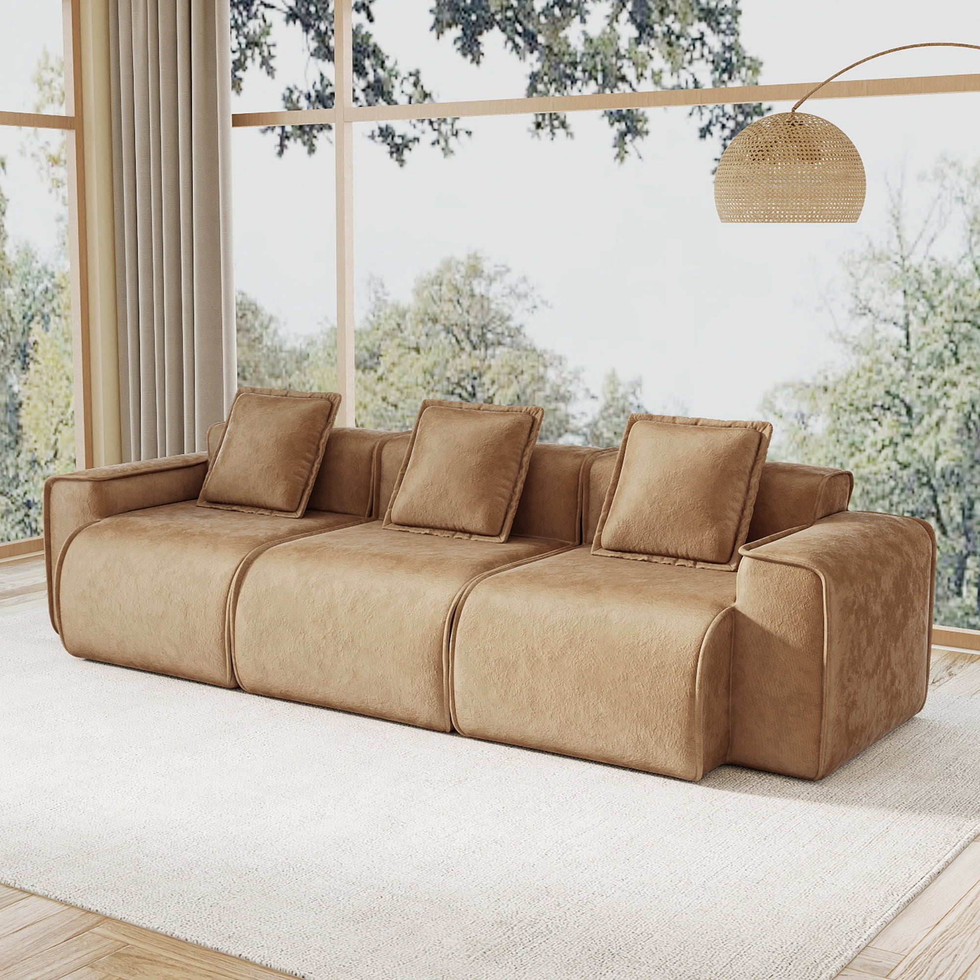 109" 3-Seat Modular U-Shaped Sectional Sofa, Brown Velvet with Throw Pillows, No Assembly Required