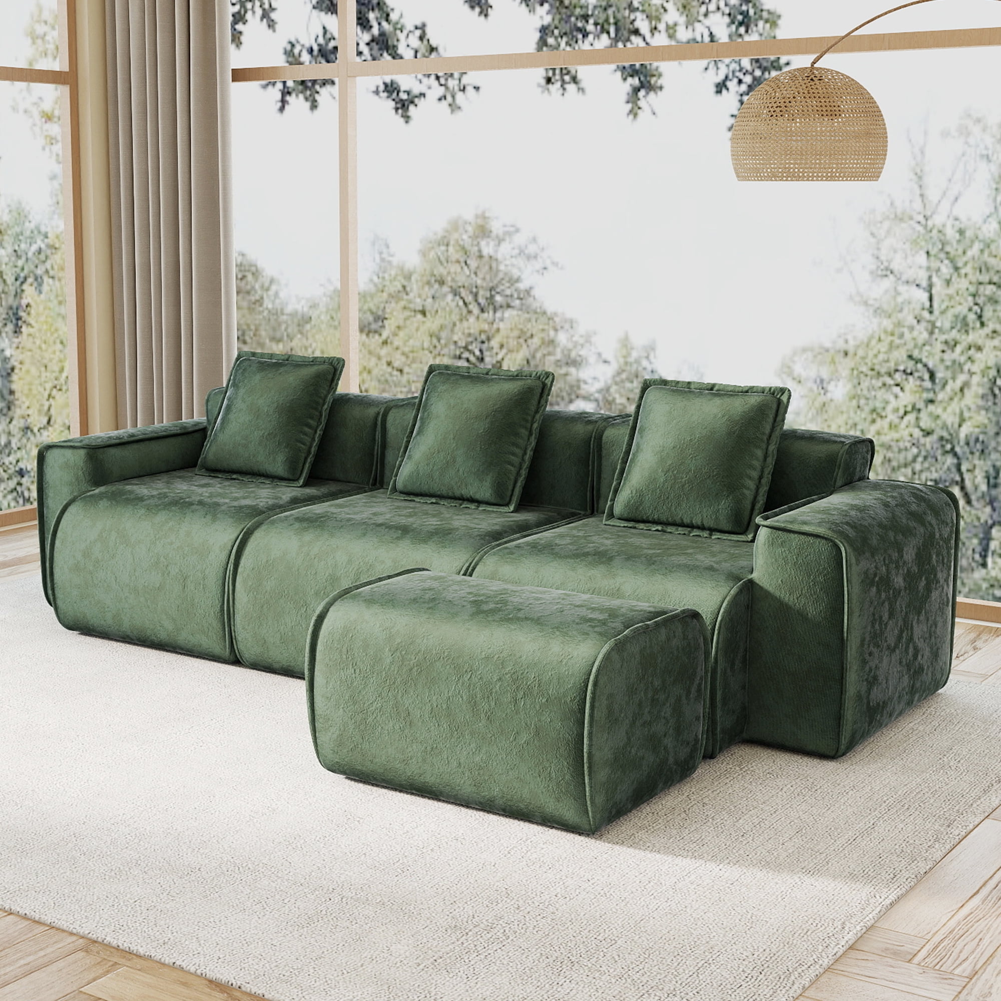109" 3-Seat Modular U-Shaped Sectional Sofa, Green Velvet with 1 Movable Ottomans & Throw Pillows, No Assembly Required