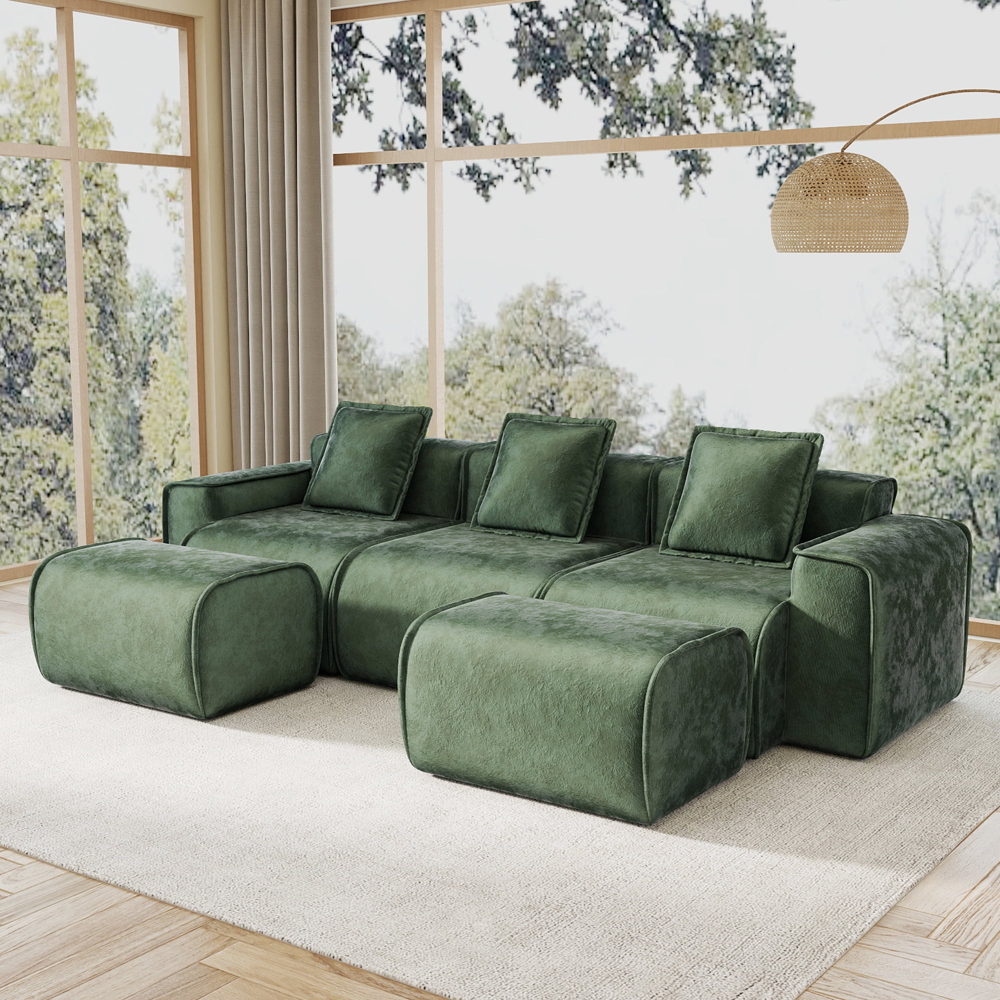 109" 3-Seat Modular U-Shaped Sectional Sofa, Green Velvet with 2 Movable Ottomans & Throw Pillows, No Assembly Required