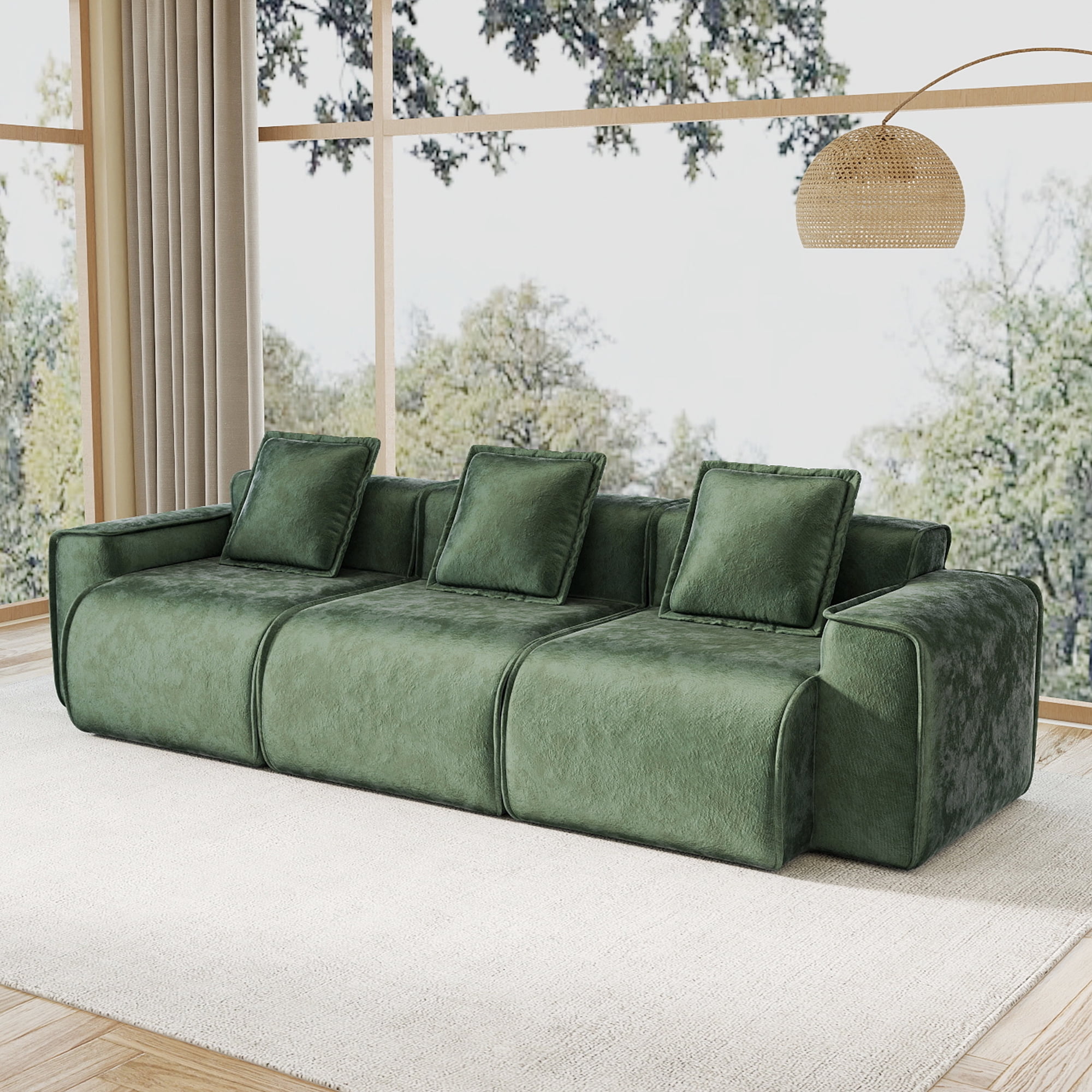 109" 3-Seat Modular U-Shaped Sectional Sofa, Green Velvet with Throw Pillows, No Assembly Required
