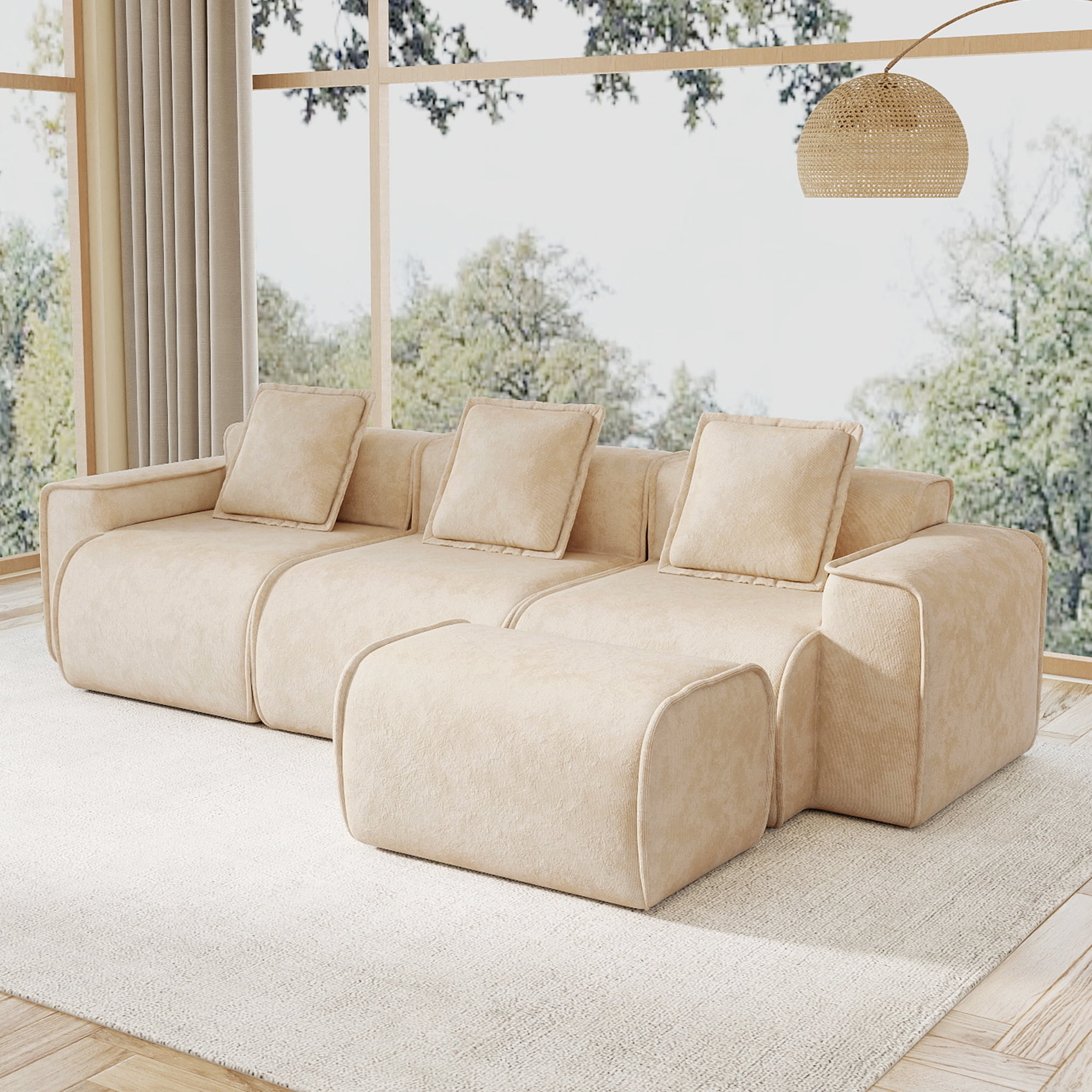 109" 3-Seat Modular U-Shaped Sectional Sofa, Light Camel Velvet with 1 Movable Ottomans & Throw Pillows, No Assembly Required