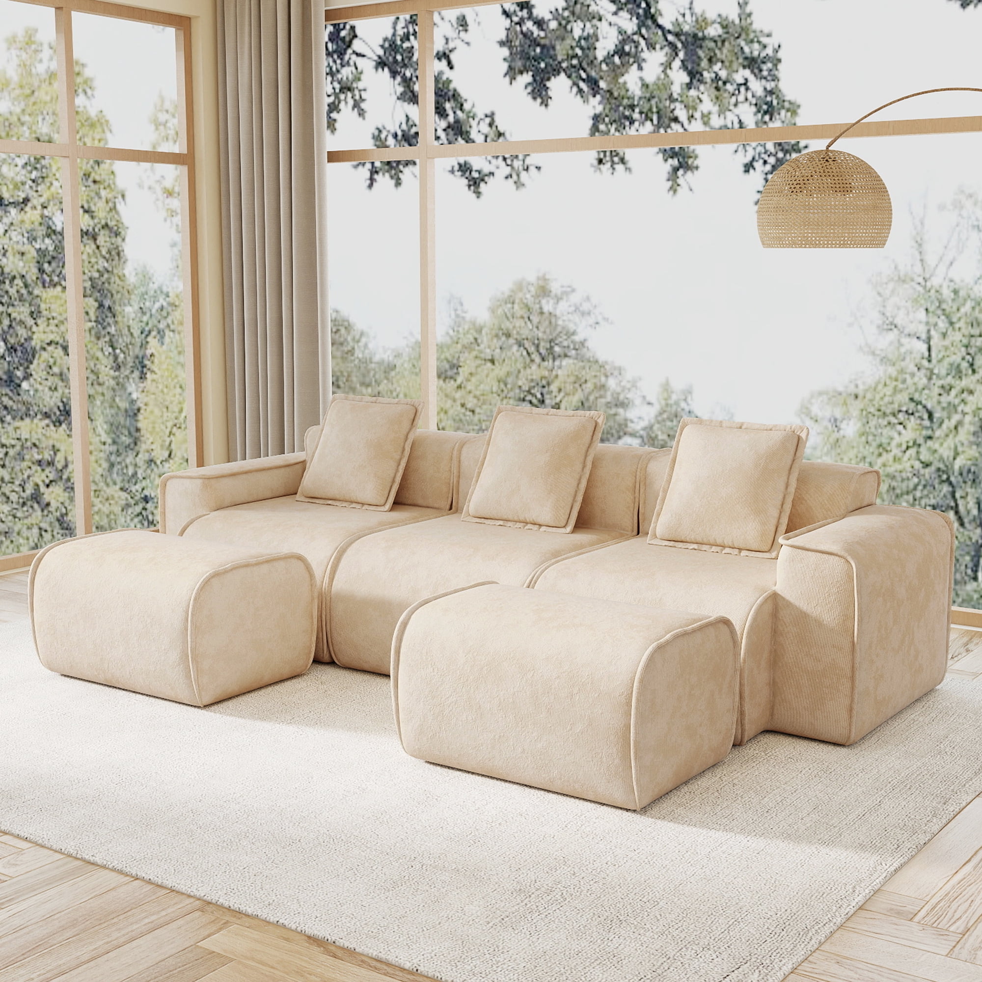 109" 3-Seat Modular U-Shaped Sectional Sofa, Light Camel Velvet with 2 Movable Ottomans & Throw Pillows, No Assembly Required