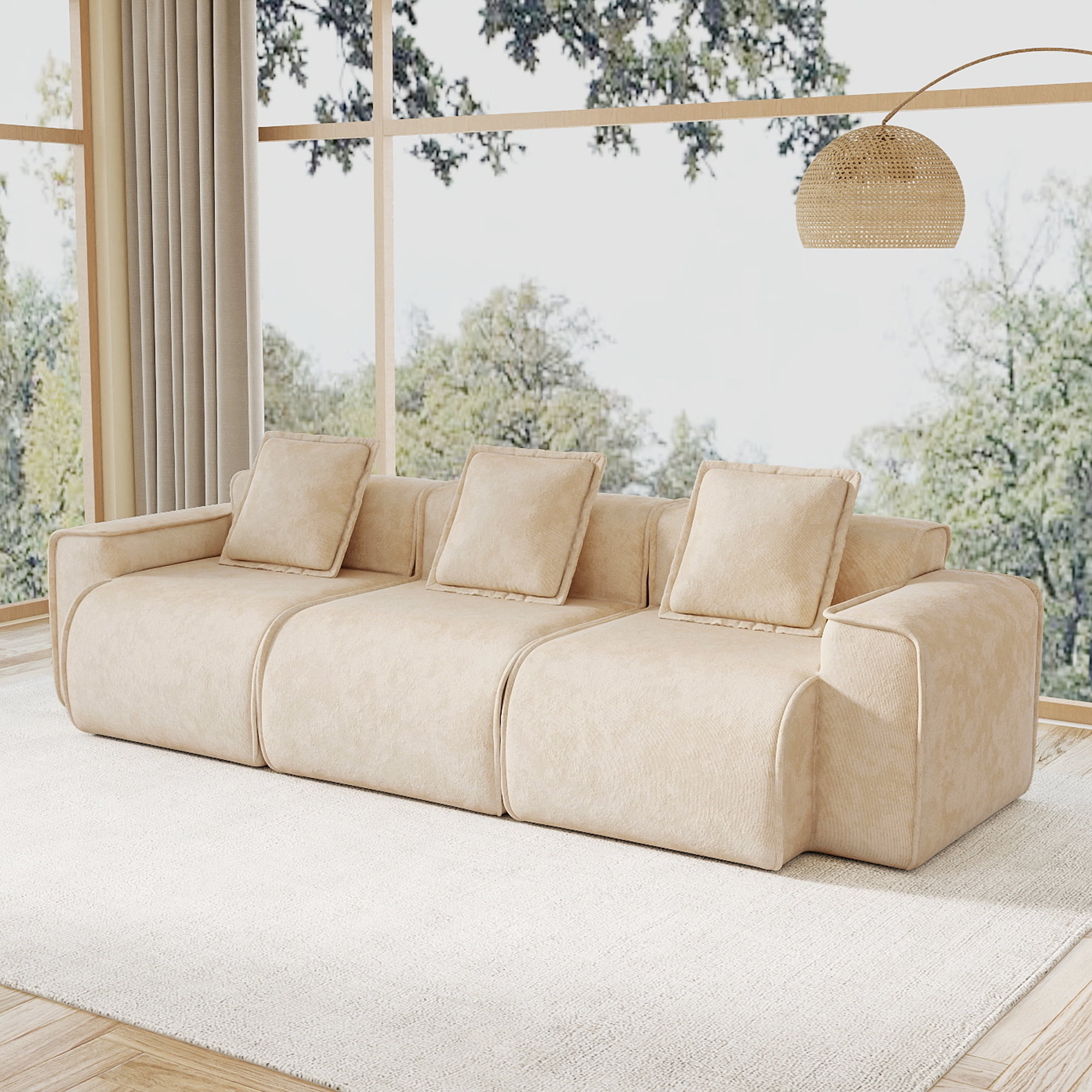 109" 3-Seat Modular U-Shaped Sectional Sofa, Light Camel Velvet with Throw Pillows, No Assembly Required
