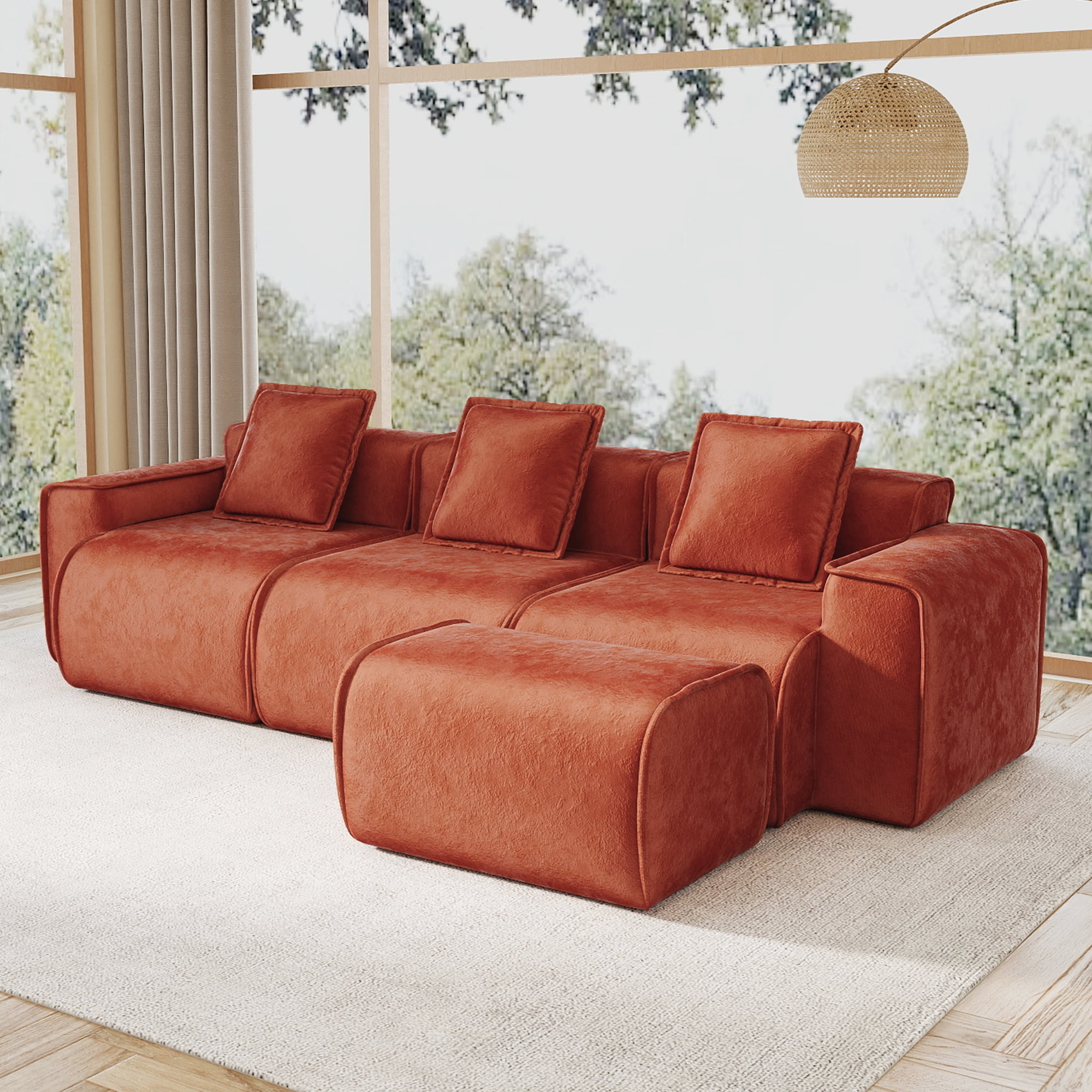 109" 3-Seat Modular U-Shaped Sectional Sofa, Red Velvet with 1 Movable Ottomans & Throw Pillows, No Assembly Required