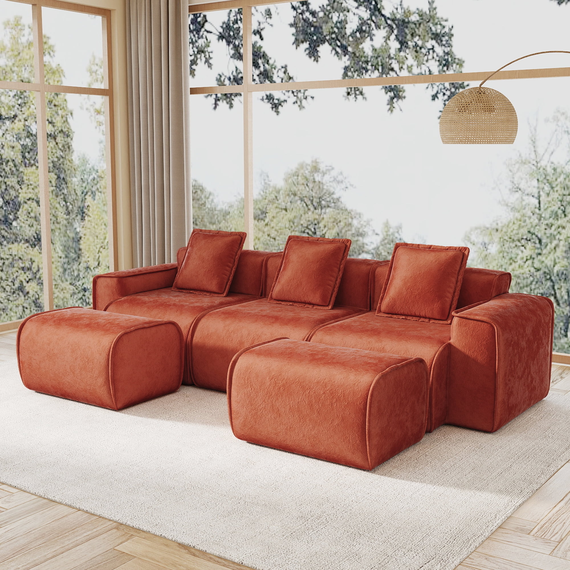 109" 3-Seat Modular U-Shaped Sectional Sofa, Red Velvet with 2 Movable Ottomans & Throw Pillows, No Assembly Required