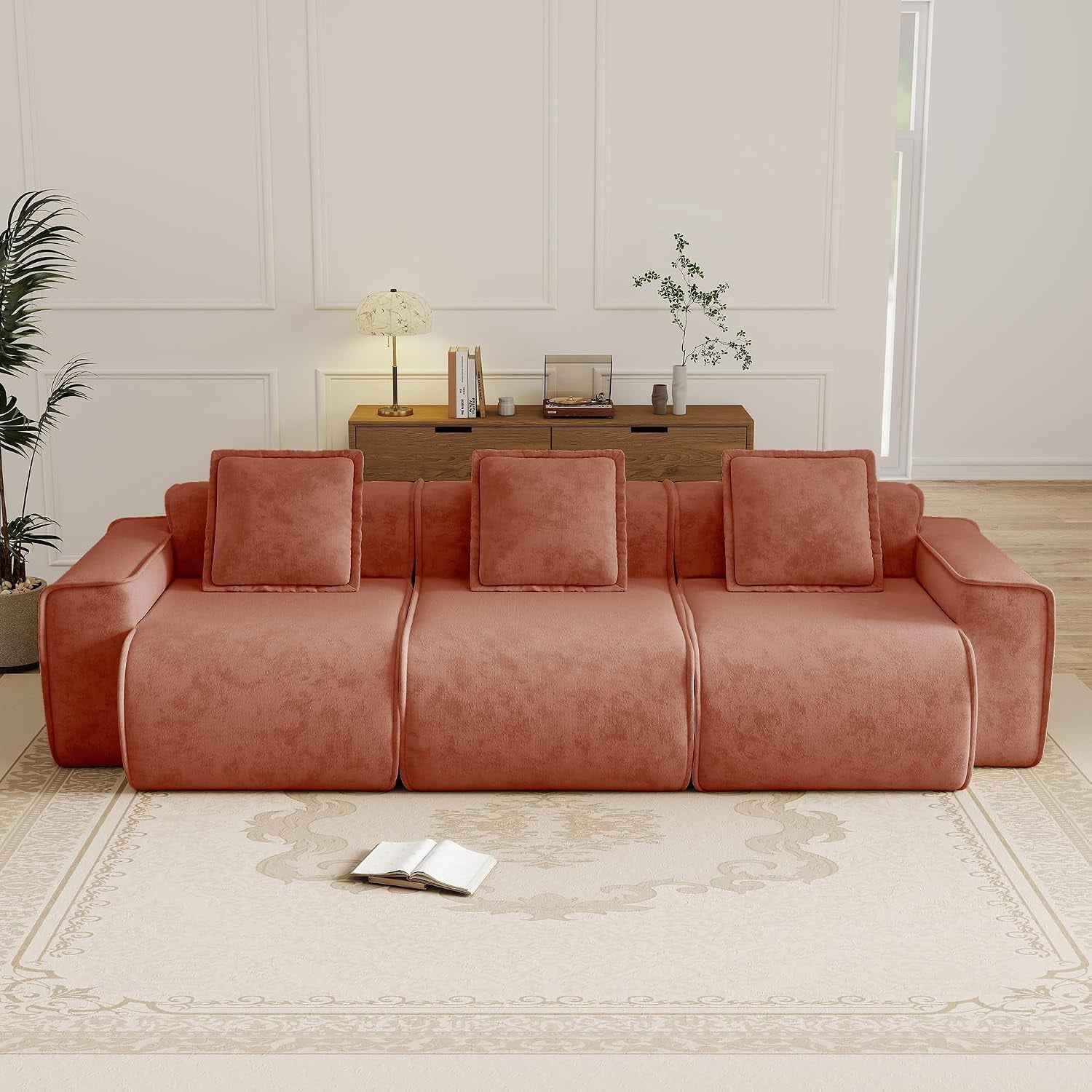 109" 3-Seat Modular U-Shaped Sectional Sofa, Red Velvet with Throw Pillows, No Assembly Required