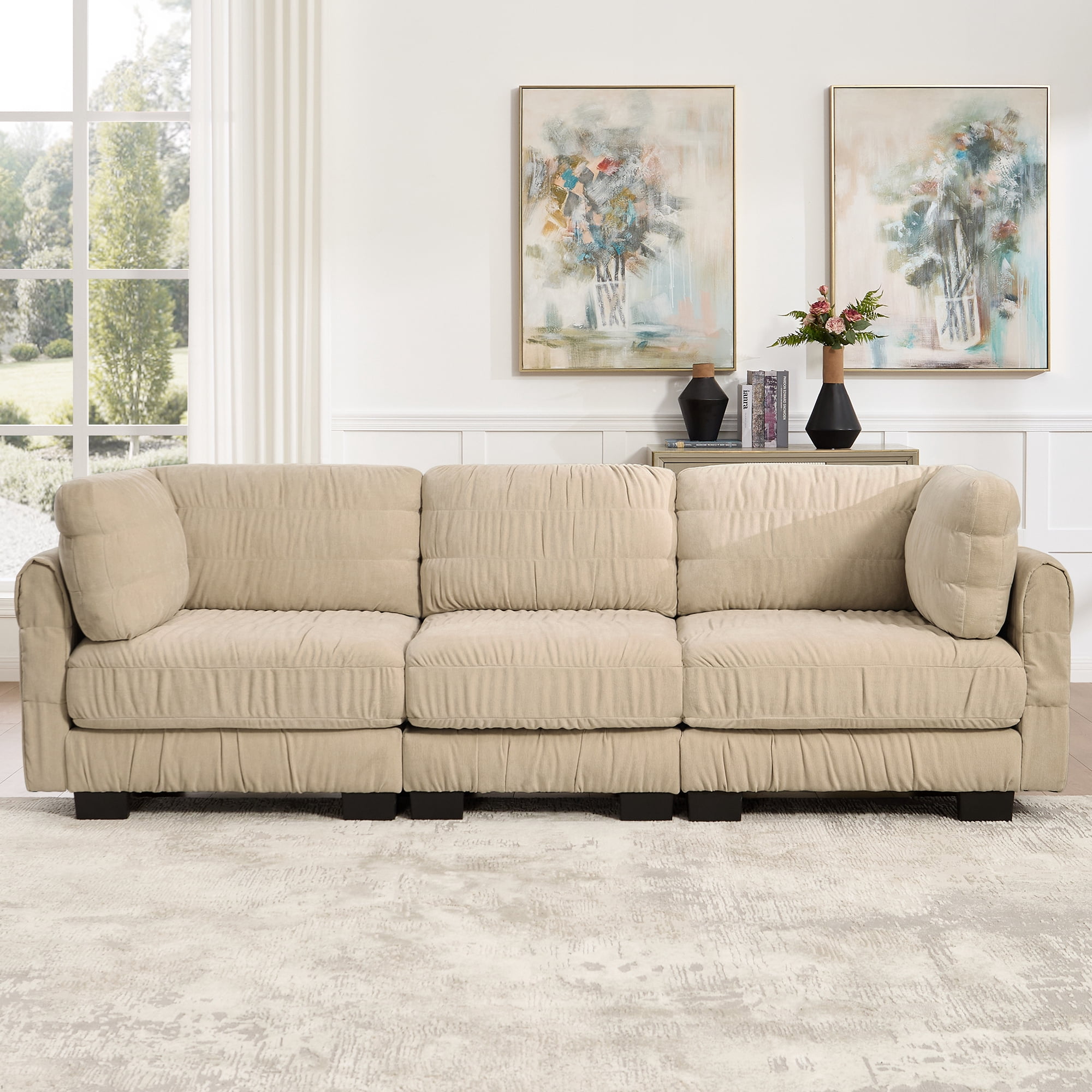 109" 3 Seat Ruched Chenille Modular Sectional Sofa with L Shape Thickened Back Cushions,Easy Assembly