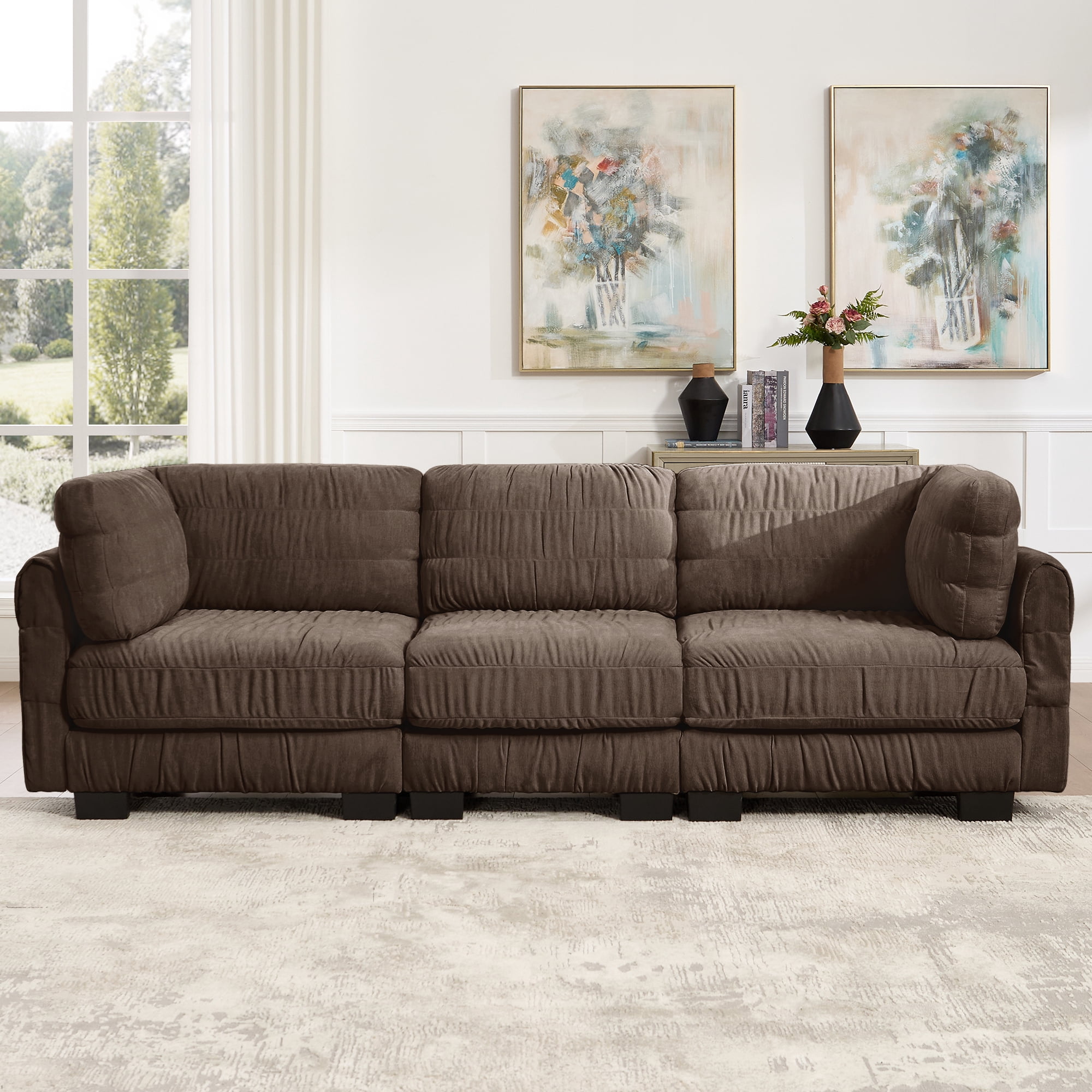 109" 3 Seat Ruched Chenille Modular Sectional Sofa with L Shape Thickened Back Cushions,Easy Assembly