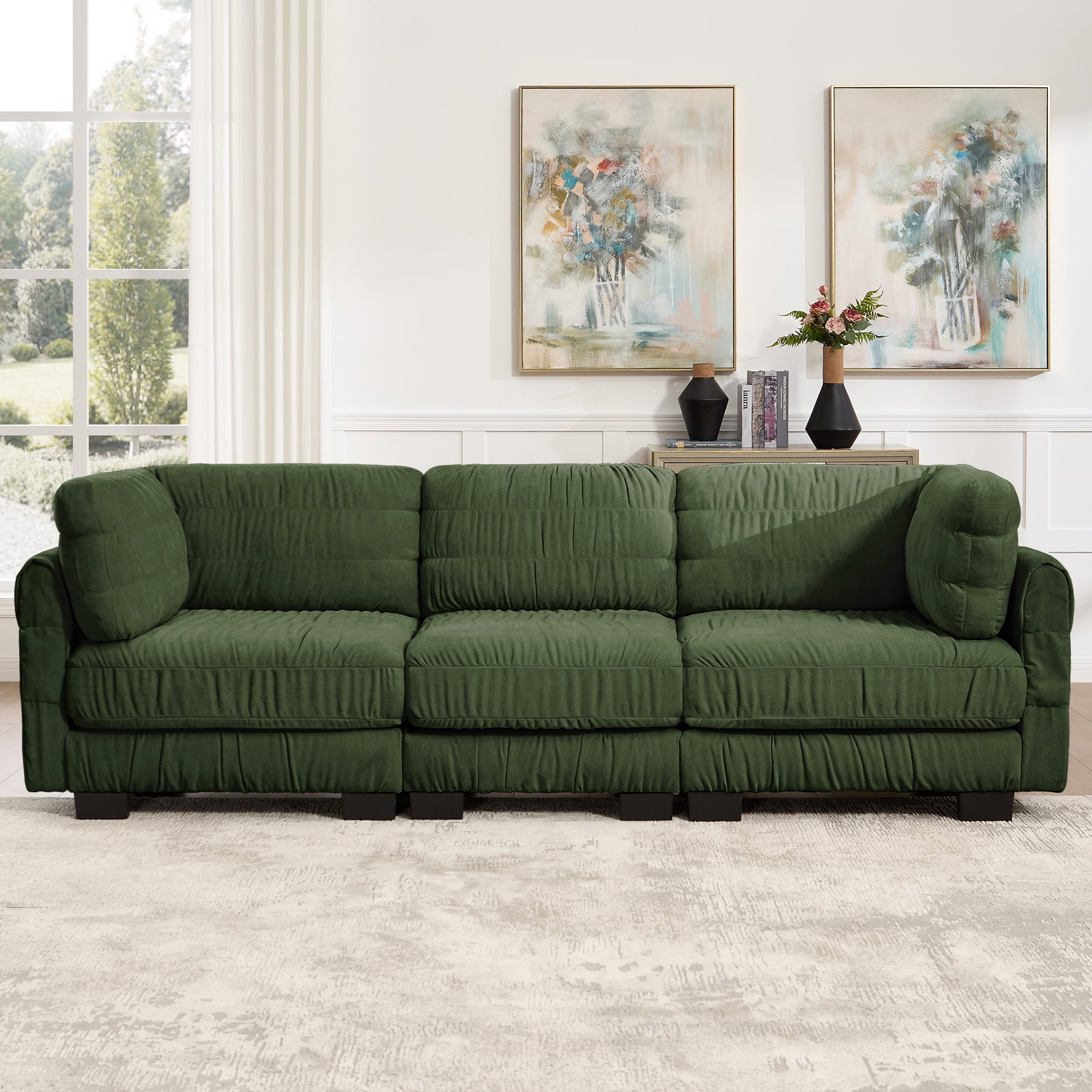 109" 3 Seat Ruched Chenille Modular Sectional Sofa with L Shape Thickened Back Cushions,Easy Assembly