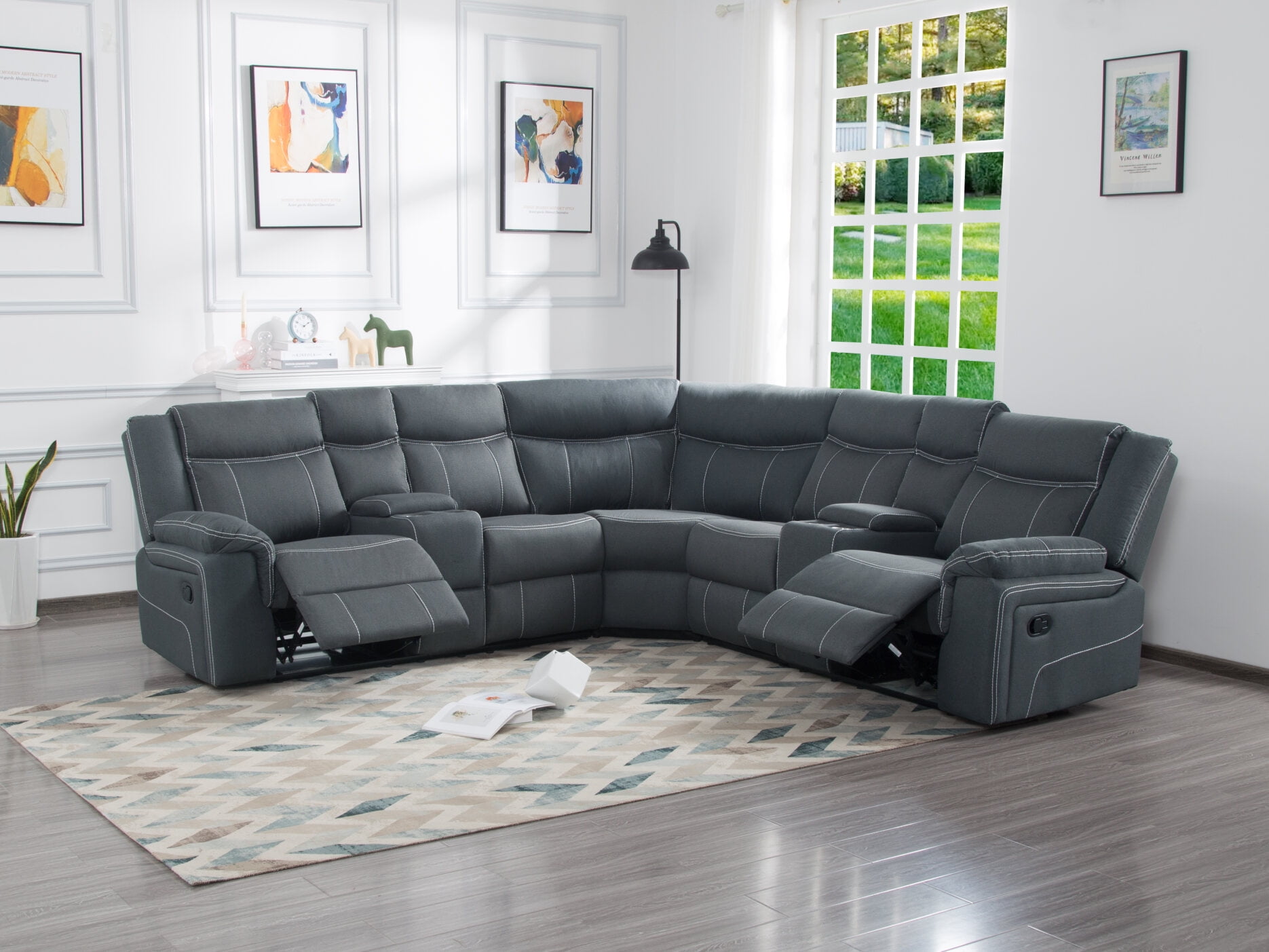 109.4 Manual Reclining Corner Sectional Sofa 5 Seaters Upholstered Recliner Couch with Cup Holder and Storage Console L Shaped Sofa Couch for Living