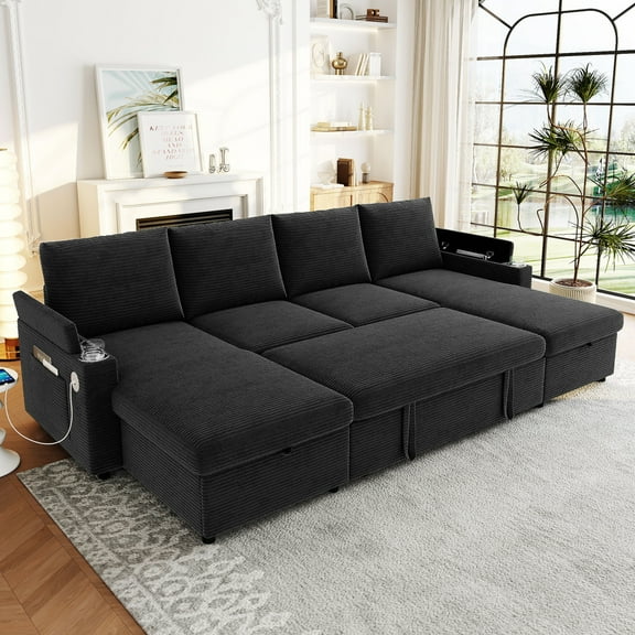 109.5" Convertible Sofa with Pull Out Sofa Bed, U-Shaped Sectional Sofa with Storage Chaise Lounges, Cup Holders, USB Ports & Side Pockets for Living Room, Black