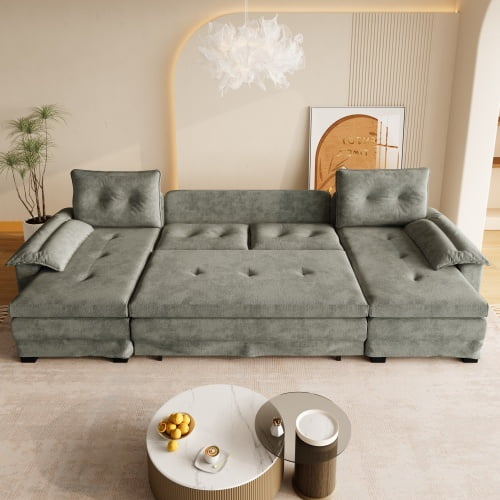 109.5 Inch U-Shaped Sleeper Sofa with Pull Out Bed, 2-in-1 Convertible Sectional Couch with USB Ports and Removable Armrests for Living Room, Apartment, Light Grey