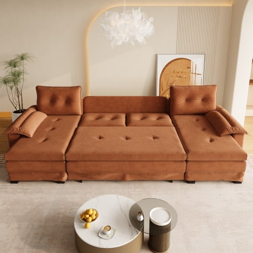 109.5 Inch U-Shaped Sleeper Sofa with Pull Out Bed, 2-in-1 Convertible Sectional Couch with USB Ports and Removable Armrests for Living Room, Apartment, Orange