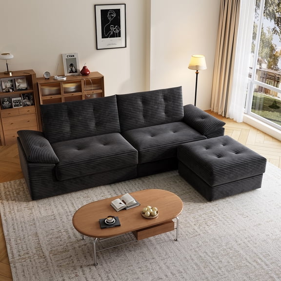 109.5" Modular Sectional Sofa with Ottoman — Convertible Sleeper Sofa, Compressed No-Frame Loveseat for Small Spaces & Apartments, No Assembly Required(Corduroy, Black)