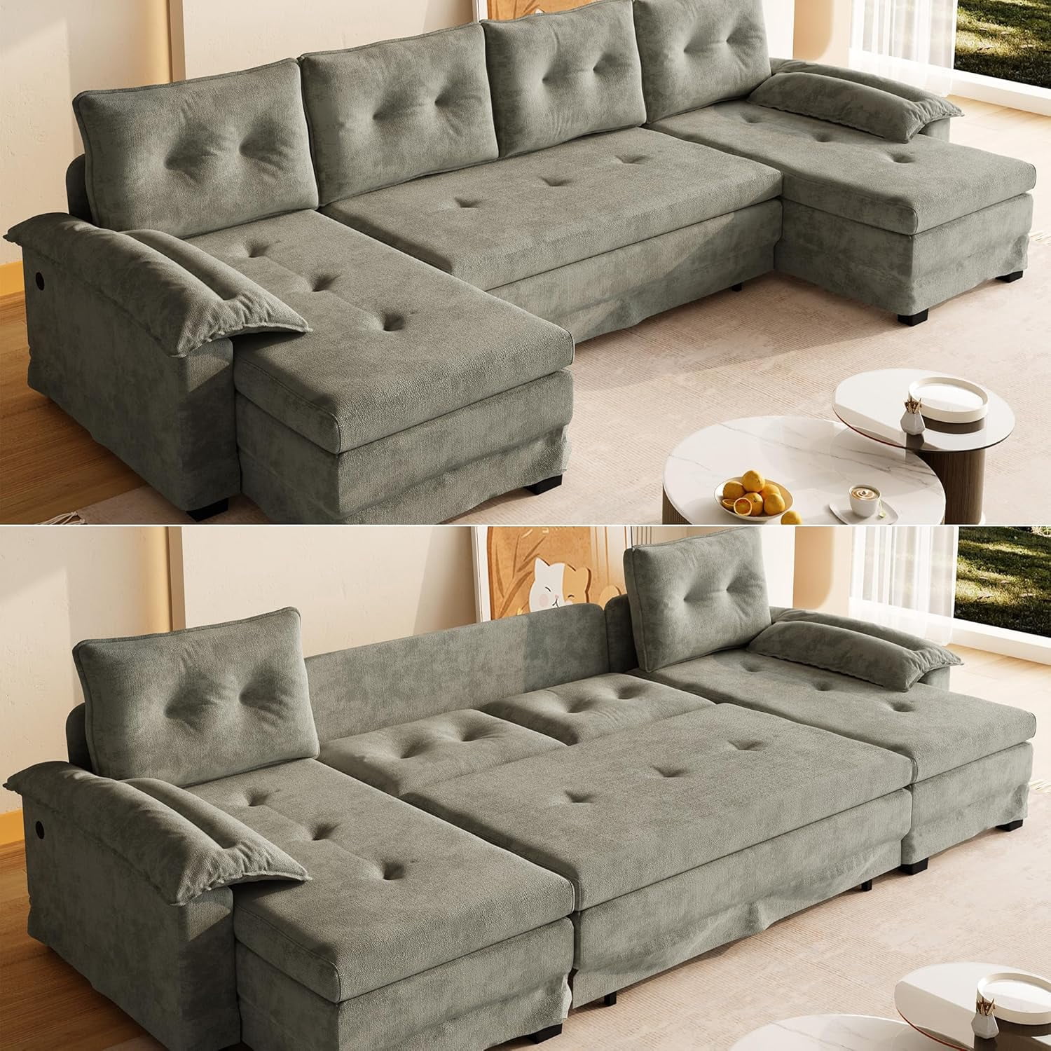 109.5'' Pull Out Couch, Convertible Sleeper Sofa Bed, Chenille U-Shaped Sofa with Double Chaise, USB, Type-C, Tufted Backrest, Sectional Couches for Living Room, Apartment, Small Spaces,Grey