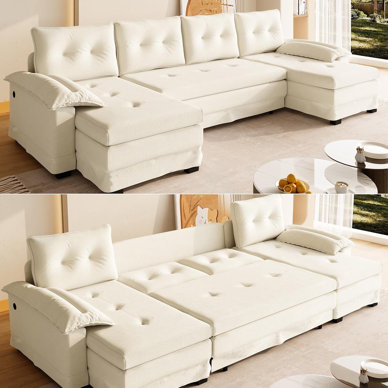 109.5'' Pull Out Couch, Convertible Sleeper Sofa Bed, Chenille U-Shaped Sofa with Double Chaise, USB, Type-C, Tufted Backrest, Sectional Couches for Living Room, Apartment, Small Spaces, Beige