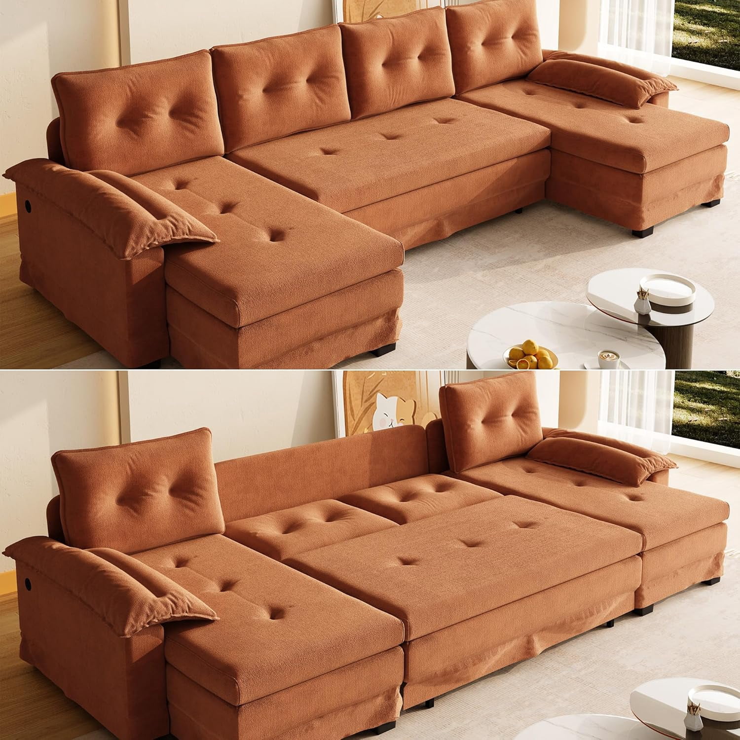 109.5'' Pull Out Couch, Convertible Sleeper Sofa Bed, Chenille U-Shaped Sofa with Double Chaise, USB, Type-C, Tufted Backrest, Sectional Couches for Living Room, Apartment, Small Spaces,Orange