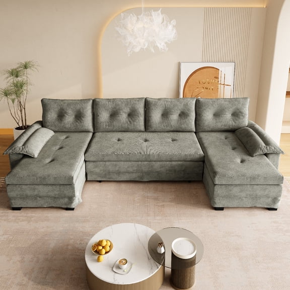 109.5" U-Shaped Sleeper Sofa Couch with Pull Out, 2 in 1 Convertible  Sofa Couch Bed with Removable Armrests and USB Ports,Oversized Sectional Modular with Chaise Lounge for Living Room,Light Grey