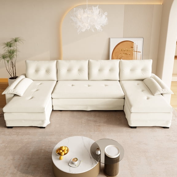 109.5" U-Shaped Sleeper Sofa with Pull Out Bed,2 in 1 Convertible Couch Bed with Removable Armrests & USB Ports,Oversized Sectional Modular with Chaise Lounge for Living Room/Apartment,Beige/white