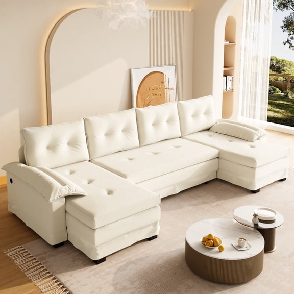 109.5" U-Shaped Sleeper Sofa with Pull Out Bed,2 in 1 Convertible Couch Bed with Removable Armrests & USB Ports,Oversized Sectional Modular with Chaise Lounge for Living Room//Apartment,Beige/white