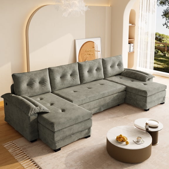 109.5" U-Shaped Sleeper Sofa with Pull Out Bed,2 in 1 Convertible Couch Bed with Removable Armrests & USB Ports,Oversized Sectional Modular with Chaise Lounge for Living Room/Apartment,Light Grey