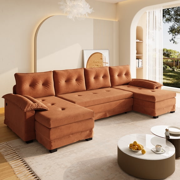 109.5" U-Shaped Sleeper Sofa with Pull Out Bed,2 in 1 Convertible Couch Bed with Removable Armrests & USB Ports,Oversized Sectional Modular with Chaise Lounge for Living Room/Apartment,Orange
