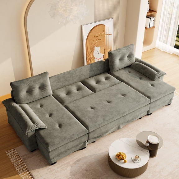 109.5" U-Shaped Sleeper Sofa with Pull Out Bed, 2 in 1 Convertible Couch Bed with Removable Armrests & USB Ports, Oversized Sectional Modular with Chaise Lounge for Living Room//Apartment (Gray)