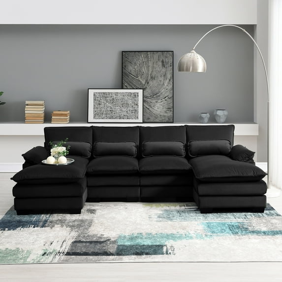 109.8" Modular Sectional Sofa, U-Shaped Sofa Couch with Double Chaise Lounge & Double Cushion, 6-seat Upholstered Symmetrical Sofa with Pillows for Living Room(Velvet-Black)