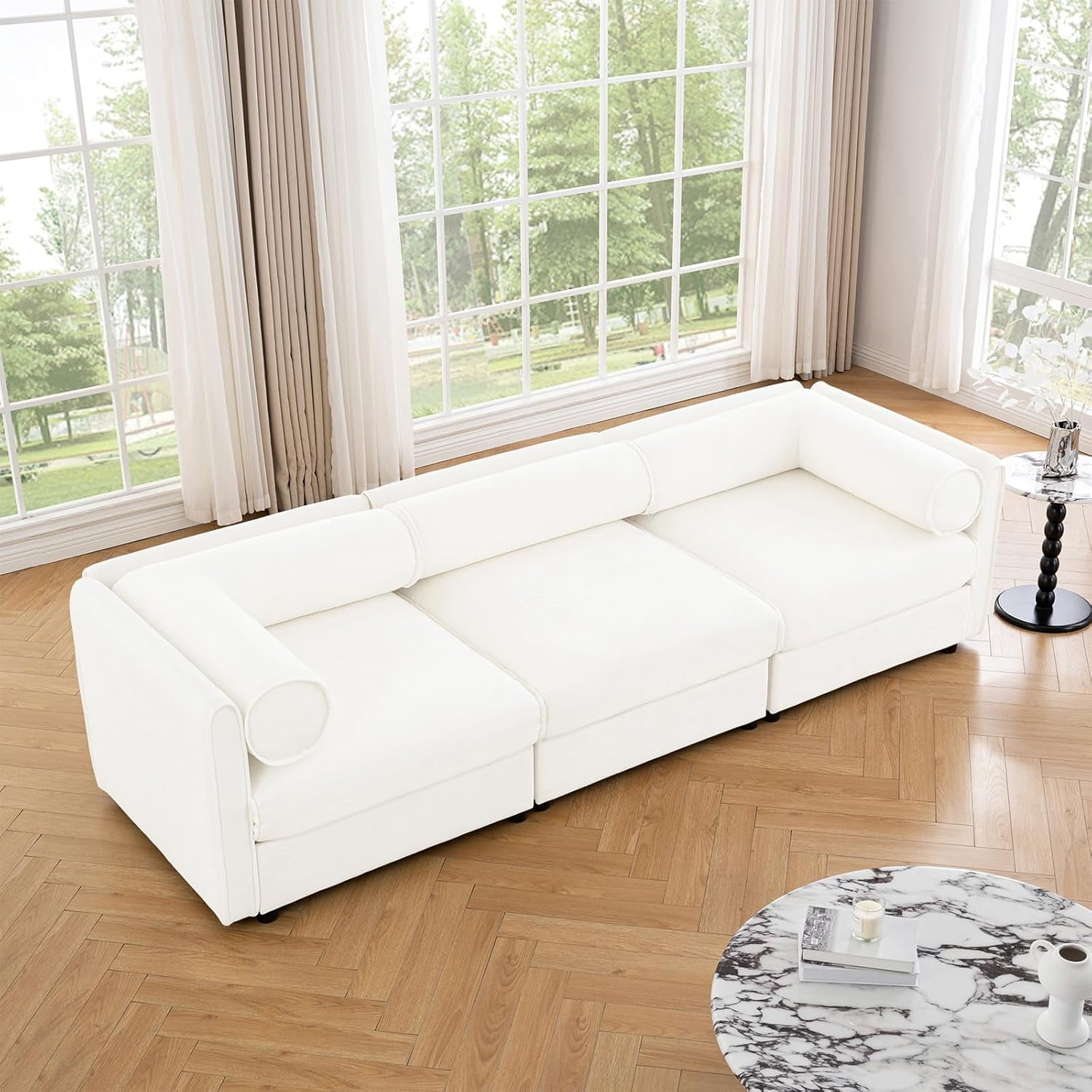 109'' Deep Seat Chenille Storage Seat,Cylindrical Backrest & Armrest Design,Modern 3-Seater Sectional Couches for Living Room, Office, Apartment - White