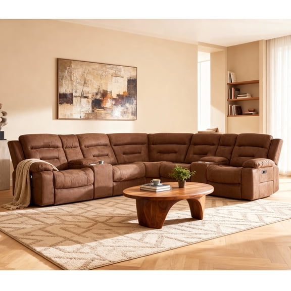 Ellesophas 109" L-Shaped Power Reclining Sectional Sofa Set with Footrest & 2 Consoles, USB-C and USB Charging Ports, Built-in Cup Holders for Living Room Home Theater, Brown
