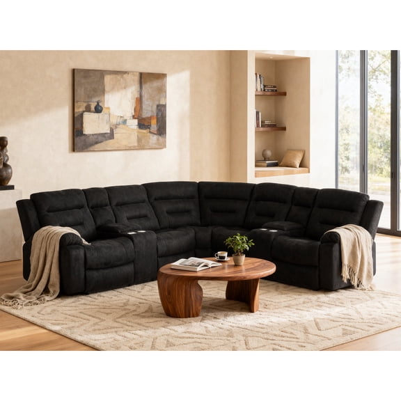 Ellesophas 109" L-Shaped Power Reclining Sectional Sofa Set with Footrest & 2 Consoles, USB-C and USB Charging Ports, Built-in Cup Holders for Living Room Home Theater, Black