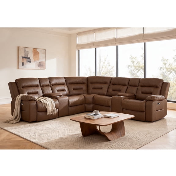 Ellesophas 109" Power Reclining Sectional Sofa, Light Brown Faux Leather Modular Couch with 2 Storage Consoles & 4 Cup Holders, Living Room Furniture Set