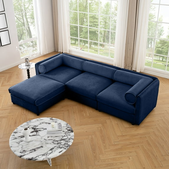 109 Inch Modular Sectional Sofa with Storage Seats, 4 Seat L-Shaped Cloud Couch with Movable Ottoman and Deep Seat, Comfortable Chenille Sofa for Living Room in Blue