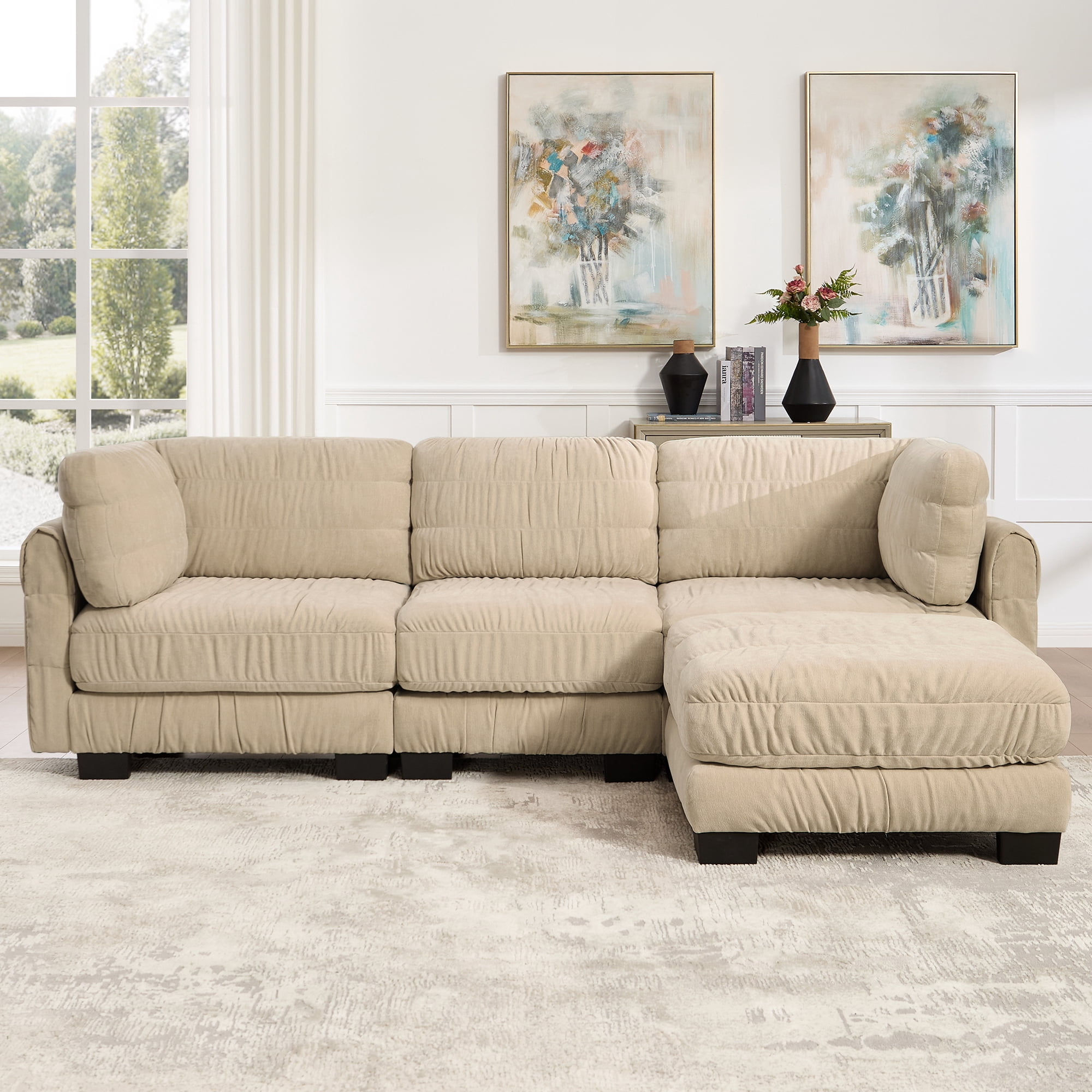109" L Shape 3 Seat Chenille Modular Sectional Sofa with Movable Ottoman and L Shape Back Cushions