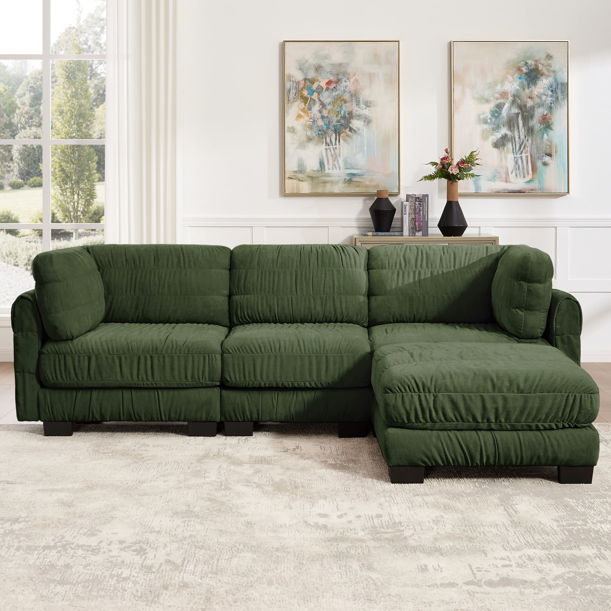 109" L Shape 3 Seat Chenille Modular Sectional Sofa with Movable Ottoman and L Shape Back Cushions