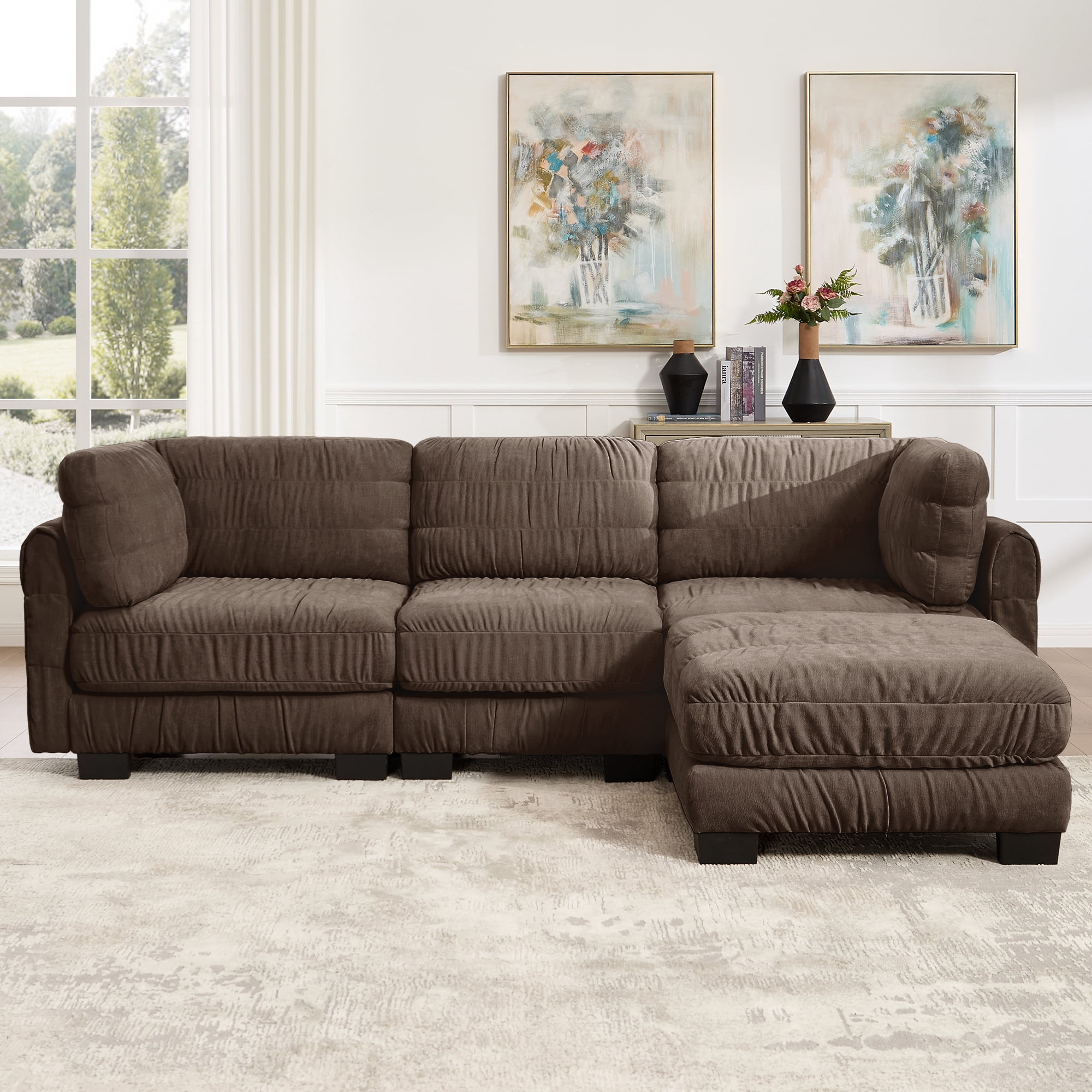109" L Shape 3 Seat Chenille Modular Sectional Sofa with Movable Ottoman and L Shape Back Cushions