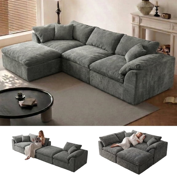 Boneless Modular Sectional Cloud Couch, Compressed Sofa in a Box with Deep Seat & Oversized Chaise, L-Shaped Chenille Sofa for Living Room