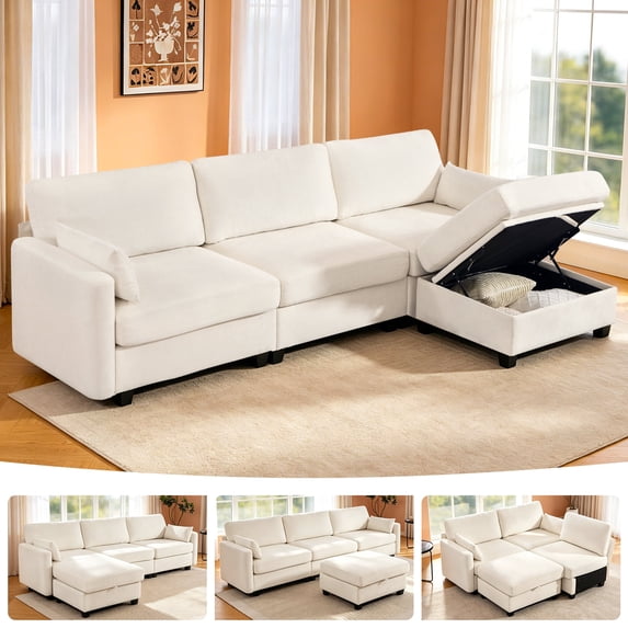 109" L-Shaped Modular Sectional Sofa with Sleeper Bed, Storage & Movable Ottomans, Oversized Deep Seat Cloud Couch, Convertible 4-Seat Sofa for Living Room or Apartment (Beige, High Legs 3.15")