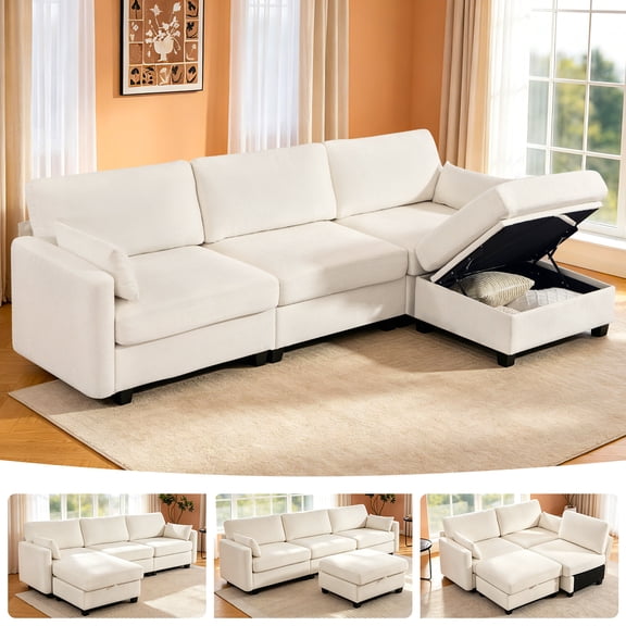 109" L-Shaped Modular Sectional Sofa with Sleeper Bed, Storage & Movable Ottomans, Oversized Deep Seat Cloud Couch, Convertible 4-Seat Sofa for Living Room or Apartment (Beige, High Legs 3.15")